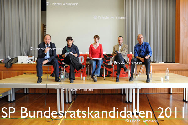 SCHWEIZ – Geschichte / Politik – JUSO Jahresversammlung Liestal,  5. Nov. 2011 – Bundesratskandidaten Pierre Yves Maillard, Marina Carobbio Guscetti, Stephane Rossini, Alain Berset 